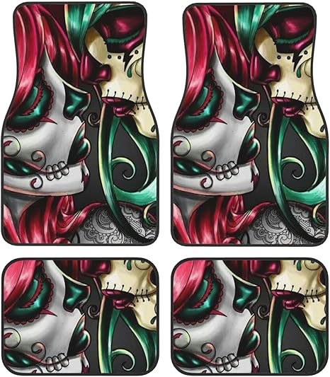 Car Mats Set of 4 Halloween Sugar Skull Red and Green Hair Art Floor Mats for Cars Universal Front Rear Vehicle Rugs Auto Accessories for Truck Sedan - sugar skull car floor mats