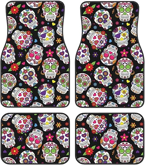 Car Mats Set of 4 Day of The Dead Sugar Skull Floor Mats for Cars Universal Front Rear Vehicle Rugs Auto Accessories for Truck Sedan - sugar skull floor mat