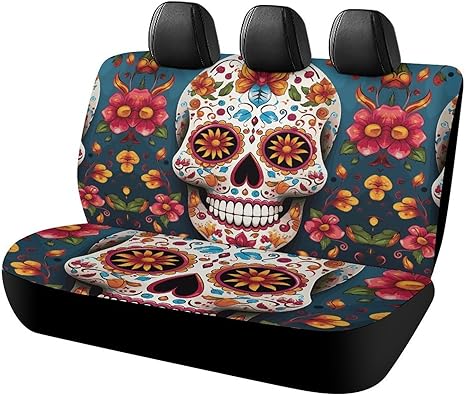Colorful Sugar Skull Car Back Seat Covers Waterproof Auto Bench Seat Cover Accessories for Dogs, Universal Auto Rear Seats Protector Comfort Backseat Car Covers for Cars, Vans, Trucks - sugar skull car seat covers set