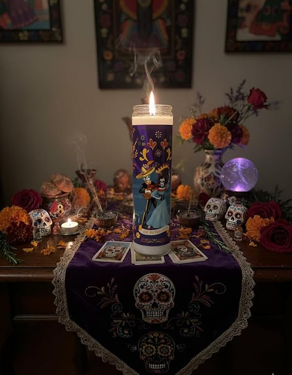 Day of The Dead Prayer Candle, Purple Glass Jar with Sugar Skull Design, Traditional Mexican Dia De Muertos Theme, Decorative Religious Votive - sugar skull candle holder