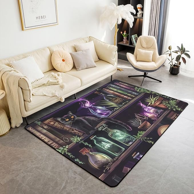 Erosebridal Cat Area Rug 4'11" x 3'3" Bookshelf Living Room Rugs Glass Bottle Sugar Skull Purple Magic Decorative Carpet Lotus Potted Plant Pet Pattern Indoor Floor Mat - sugar skull area rug