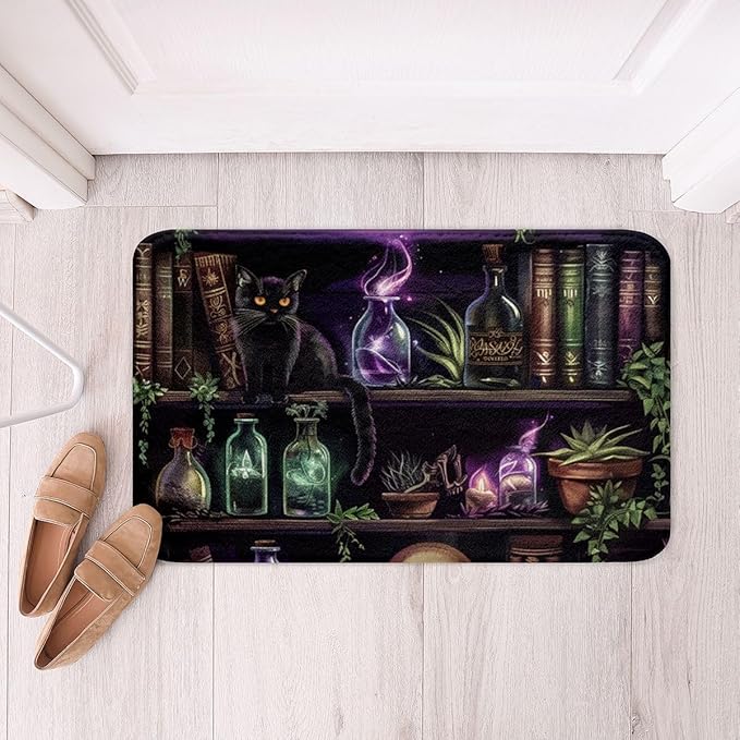 Erosebridal Cat Bathroom Rugs 16" x 24" Bookshelf Bath Mat Glass Bottle Sugar Skull Purple Magic Doormat Lotus Potted Plant Pet Pattern - sugar skull toilet mat set