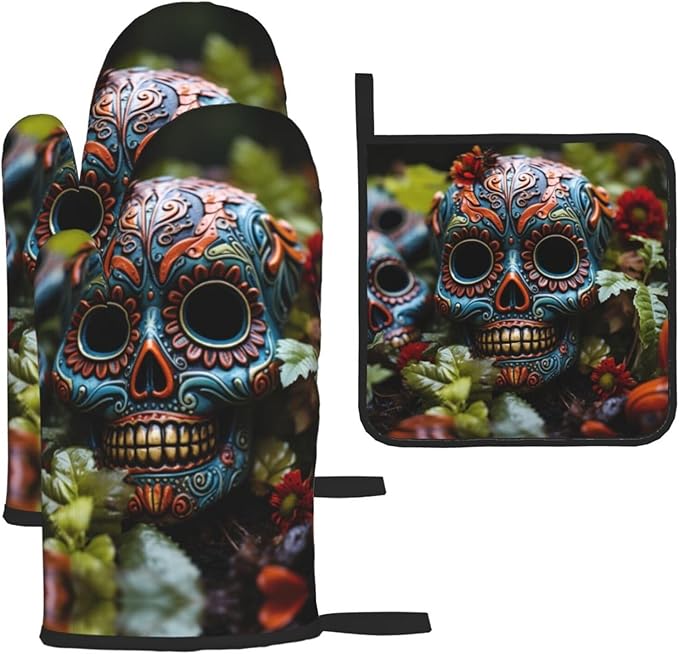 Sugar Skulls Butterfly Print Oven Mitts Pot Holders 3 Set Kitchen Heat Resistant Oven Gloves Hot Pad,for Cooking Baking - sugar skull oven mitts