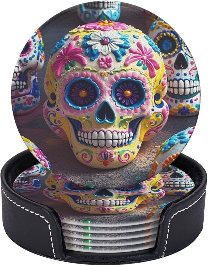 Drink Coasters Set of 6 Round Leather Coaster with Holder Sugar Skulls Coasters for Drinks Absorbent Coaster Set Tabletop Protection Decorative Coffee Cup Pad for Table Bar Home Decor - sugar skull coasters set