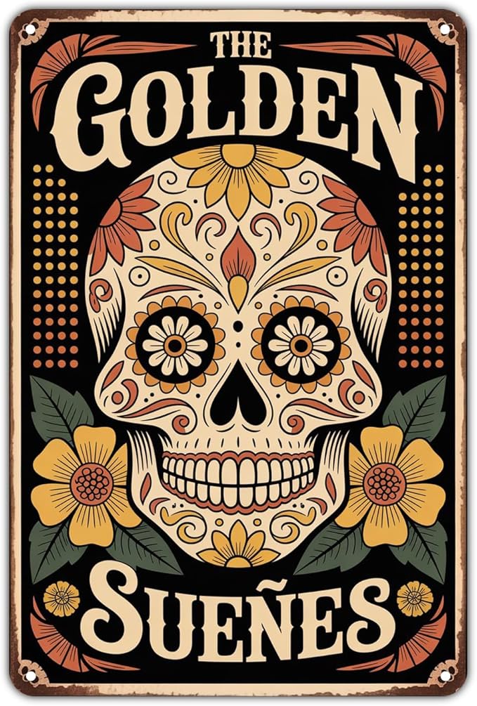 Sugar Skull Golden Suenos tin sign Vintage Day of the Dead Metal Sign Print Aesthetic for Garden Yard Bar Porch Home Bedroom Kitchen Wall Decor Decor Gift 8 x 12 inch - sugar skull canvas wall art