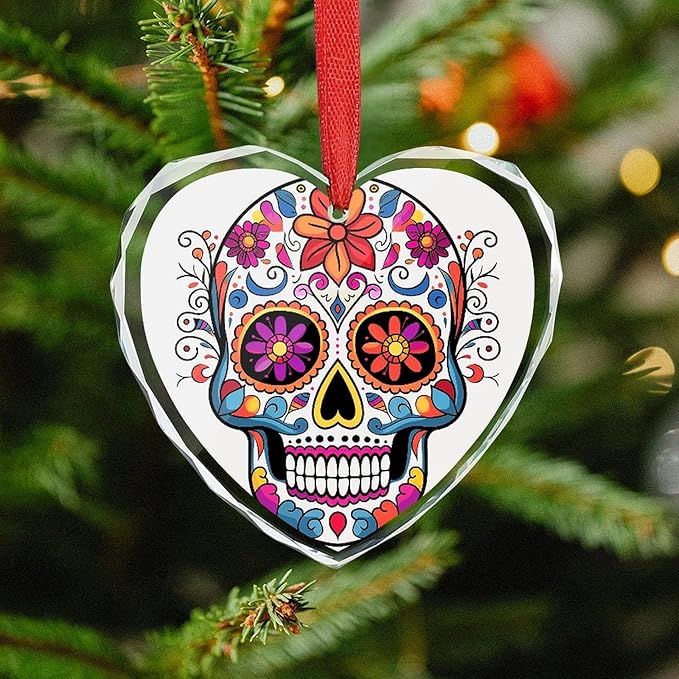Sugar Skull Christmas Ornaments - Xmas Heart Hanging Ornaments for Christmas Tree Decorations, Farmhouse Rustic Holiday Home Decor and Gift Party Tags (3.5 Inch) - sugar skull christmas decorations
