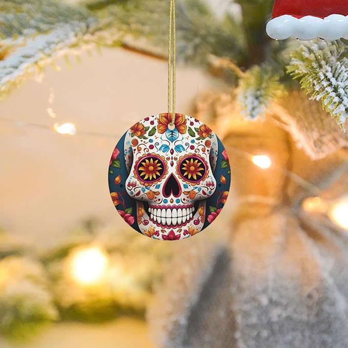 Christmas Tree Ornaments Ceramics Christmas Round Decorations Colorful Sugar Skull Ceramics Ornaments Circle Pentagram Xmas Tree Hanging Pendant for Christmas Tree Party Holiday Home Decor - sugar skull christmas decorations
