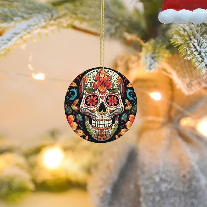 Christmas Tree Ornaments Ceramics Christmas Round Decorations Colorful Sugar Skull Ceramics Ornaments Circle Pentagram Xmas Tree Hanging Pendant for Christmas Tree Party Holiday Home Decor - sugar skull christmas ornament