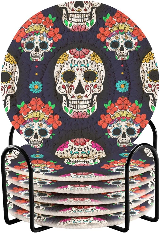 Coasters for Drinks 6 Pcs, Absorbent Drink Coasters with Holder, Luminous Sugar Skulls Coasters for Home Decor Tabletop Protection Suitable for Kinds of Cups - sugar skull coasters set
