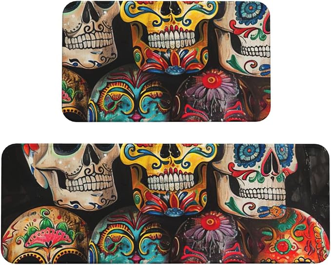 Sugar Skulls Print Waterproof Cushioned Kitchen Mats for Floor 2 Rug Non Slip Anti Fatigue Mat for Laundry Decor - sugar skull floor mat