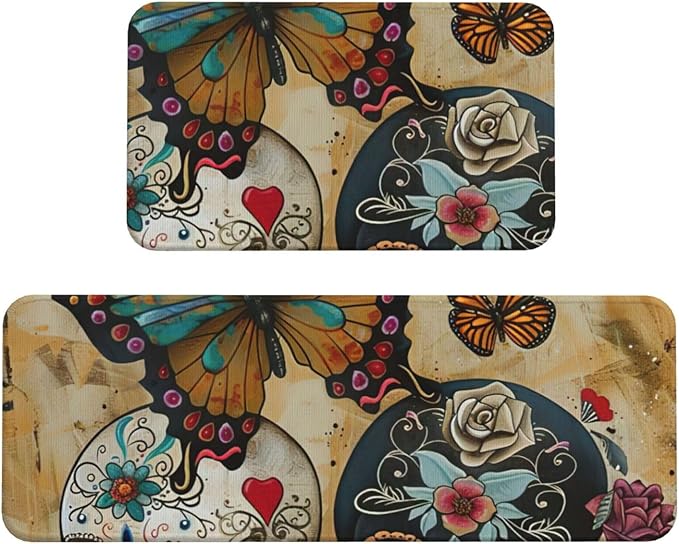 Sugar Skulls Butterfly Print Waterproof Cushioned Kitchen Mats for Floor 2 Rug Non Slip Anti Fatigue Mat for Laundry Decor - sugar skull floor mat