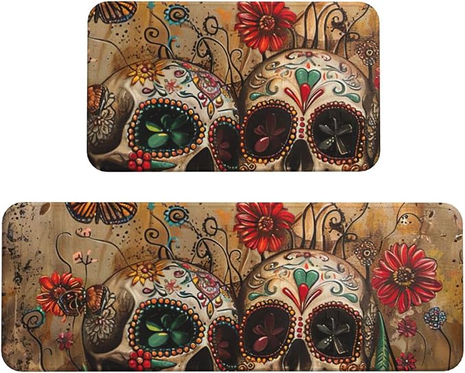 Sugar Skulls Butterfly Print Waterproof Cushioned Kitchen Mats for Floor 2 Rug Non Slip Anti Fatigue Mat for Laundry Decor - sugar skull floor mat