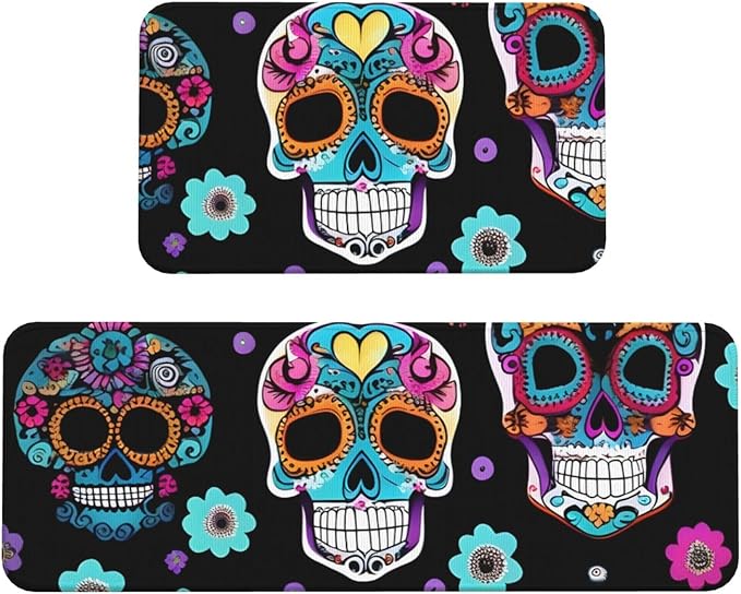 Sugar Skull Print Waterproof Cushioned Kitchen Mats for Floor 2 Rug Non Slip Anti Fatigue Mat for Laundry Decor - sugar skull floor mat