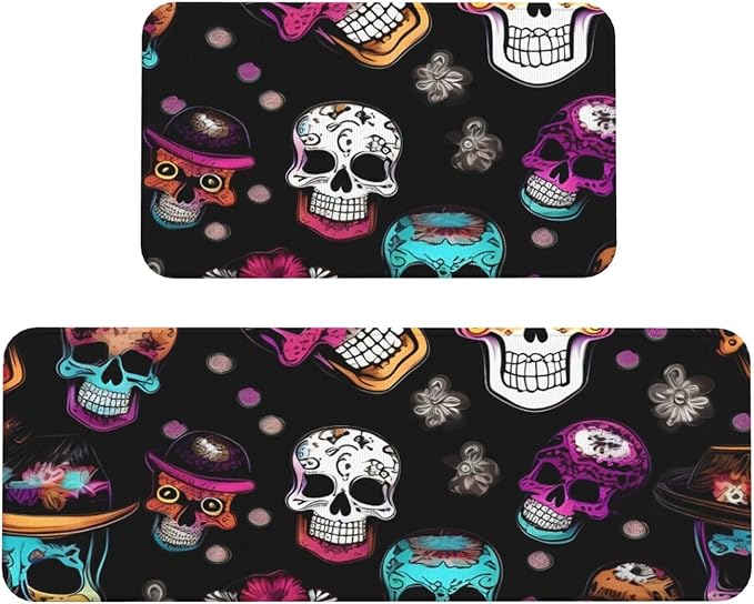 Sugar and Skulls Style Print Waterproof Cushioned Kitchen Mats for Floor 2 Rug Non Slip Anti Fatigue Mat for Laundry Decor - sugar skull floor mat