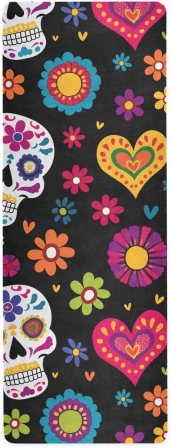 Mexican Sugar Skull Flower Yoga Mat Non Slip Natural Rubber Fitness Exercise Mat for Home Workout Gym Stretching Pilates Mats with Carrying Bag 71" x 26" - sugar skull yoga mat