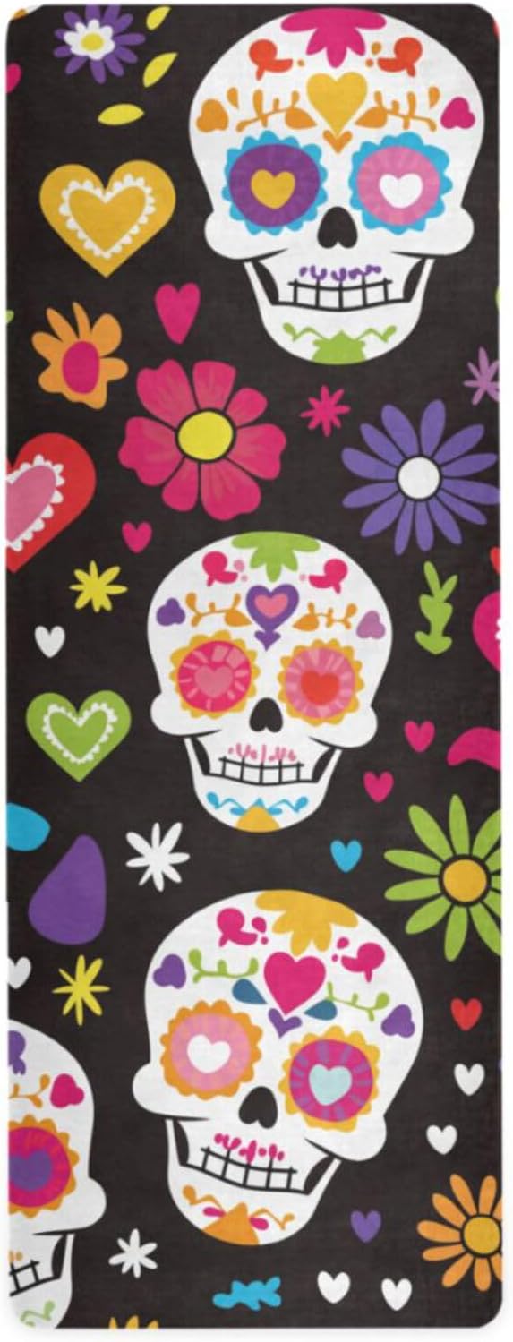 Sugar Skull Mexican Flowers Yoga Mat Non Slip Natural Rubber Fitness Exercise Mat for Home Workout Gym Stretching Pilates Mats with Carrying Bag 71" x 26" - sugar skull yoga mat