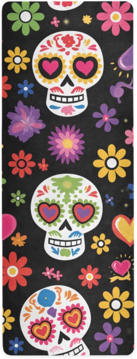 Sugar Skull Mexican Flower Yoga Mat Non Slip Natural Rubber Fitness Exercise Mat for Home Workout Gym Stretching Pilates Mats with Carrying Bag 71" x 26" - sugar skull yoga mat