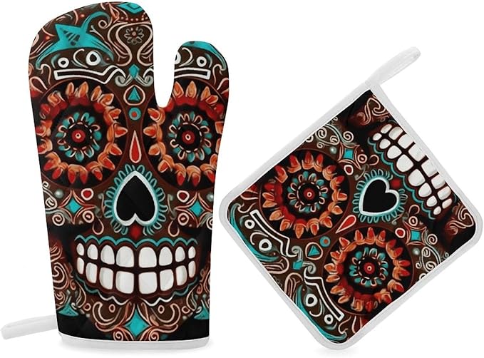 Sugar Skulls Day of The Dead Oven Mitt Gloves and Heat Insulation Pads Double-Layer Thickened Heat Insulation Mitt Temperature Oven Gloves for Cooking Baking Grilling - sugar skull oven mitts
