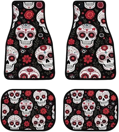 4 Piece Full Set Day Dead Floral Rose Sugar Skull Car Floor Mats Full Set Universal Fit Trucks Cars, All Weather Car Mats Auto Interior Decorative - sugar skull car floor mats