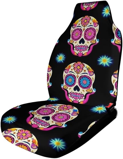 Comfortable Day Dead Colorful Sugar Skull Car Seat Covers Universal Fit Cars Trucks SUVs, Scratch Proof Vehicle Seat Protectors Quick Install - sugar skull car seat covers set