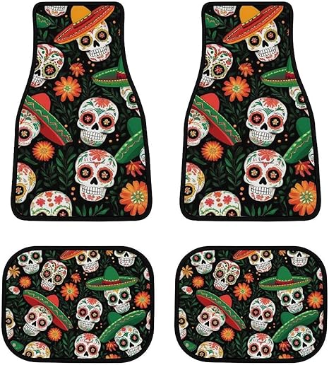 4 Piece Set Non Slip Backing Car Carpet Automotive Interior Decorative Universal Fit Most Vehicle, Mexican Hat Twigs Flowers Day Dead Sugar Skulls Car Rug Carpet for Women Men - sugar skull car floor mats