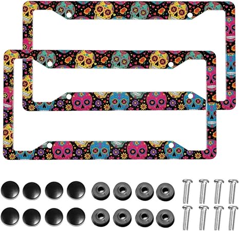 Muishi【2pcs】 Colorful Sugar Floral Skulls License Plate Frame Aluminum License Plate Holder Funny License Plate Decorative with Screws Size 12.3" X 6.3" Men Women - sugar skull plates set
