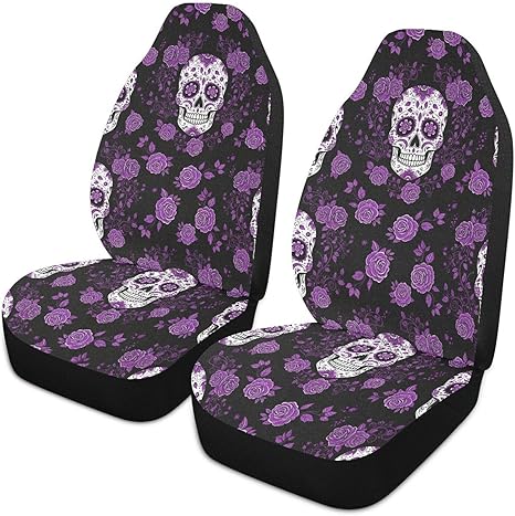 QUGRL Sugar Skulls Purple Roses Car Front Seat Covers Halloween 2 Pack Universal Automotive Interior Bucket Seats Cover Protector Black with Storage Pockets Fit Most Cars Trucks SUVs - sugar skull car pet seat cover