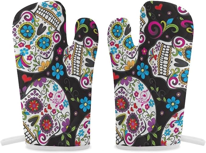 Flower Sugar Skull Oven Mitts Thick High Heat Resistant Oven Glove Comfortable Flexible Insulation Gloves Hanging Storage Kitchen Mitts for Baking Men Women - sugar skull oven mitts