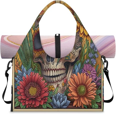 Floral Sugar Skull Yoga Mat Bag for Dance Workout with Yoga Strap & Shoes Compartment Halloween Gym Duffle Bag for Women - sugar skull yoga mat
