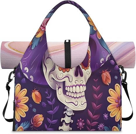 Sugar Skull Flowers Yoga Mat Bag for Dance Workout with Yoga Strap & Shoes Compartment Floral Gym Duffle Bag for Women - sugar skull yoga mat