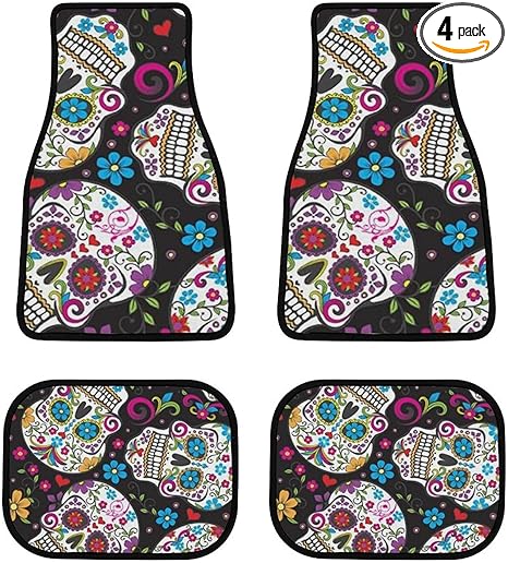 Flower Sugar Skull Car Floor Mat 4-Piece Universal Car Floor Rugs Non-Slip Car Carpet All Weather Interior Auto Mats Full Set for SUV Sedans Trucks - sugar skull car floor mats