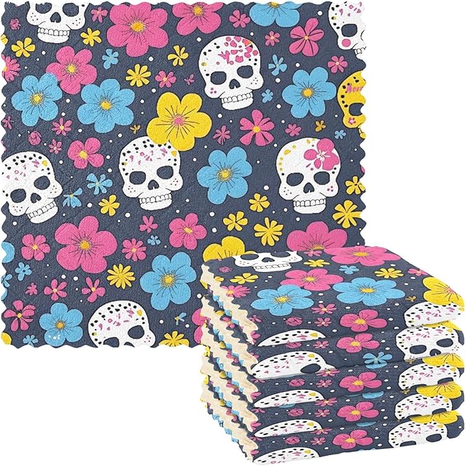 JIPONI 6 Pack Kitchen Dishcloth, Colorful Sugar Skulls Absorbent Kitchen Towels for Dishes, Fast Drying Microfiber Dish Rags, 11x11 inch - sugar skull beach towel