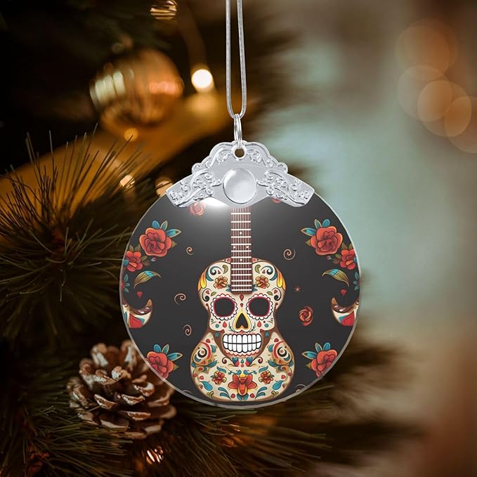 Crystal Christmas Ornaments for Christmas Tree Hanging Decoration Round Guitar Pepper Sugar Skull Ornament with Gold Ribbon Crafts Pendant Glass Xmas Decor Keepsake Gifts Party Supplies - sugar skull christmas decorations