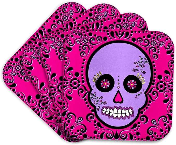 3dRose Day of The Dead Skull Día de Los Muertos Sugar Skull Purple Pink Black Scroll Design Set of 4 Coasters - Cork - sugar skull coasters set