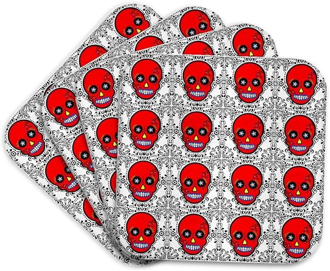 3dRose Day of The Dead Skull Día de Los Muertos Sugar Skull Print Red Set of 4 Coasters - Cork - sugar skull coasters set