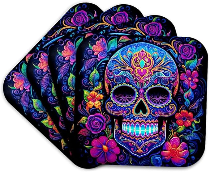 3dRose A Vibrant, neon-Colored Sugar Skull with Flowers in Blacklight Style. Set of 4 Coasters - Cork - sugar skull coasters set