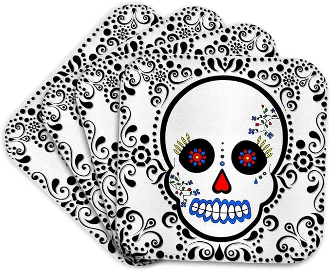 3dRose Day of The Dead Skull Día de Los Muertos Sugar Skull Red Black Scroll Design Set of 4 Coasters - Cork - sugar skull coasters set