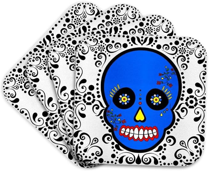 3dRose Day of The Dead Skull Día de Los Muertos Sugar Skull Blue White Black Scroll Design Set of 4 Coasters - Cork - sugar skull coasters set