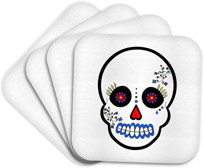 3dRose Day of The Dead Skull Día de Los Muertos Sugar Skull White Set of 4 Coasters - Cork - sugar skull coasters set