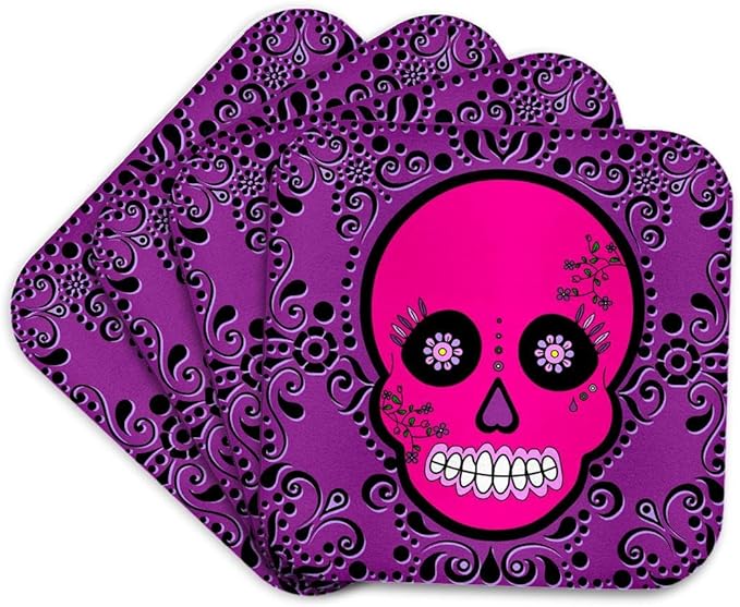 3dRose Day of The Dead Skull Día de Los Muertos Sugar Skull Pink Purple Black Scroll Design Set of 4 Coasters - Cork - sugar skull coasters set