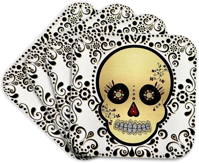 3dRose Sugar Skull Gold and Black Set of 4 Coasters - Cork - sugar skull coasters set