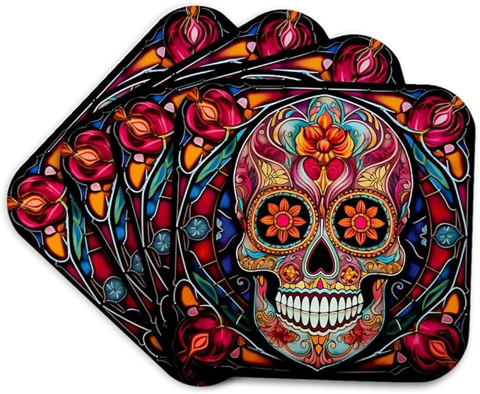 3dRose Sugar Skull with a Festive Background in The Style of Stained Glass. Set of 4 Coasters - Cork - sugar skull coasters set