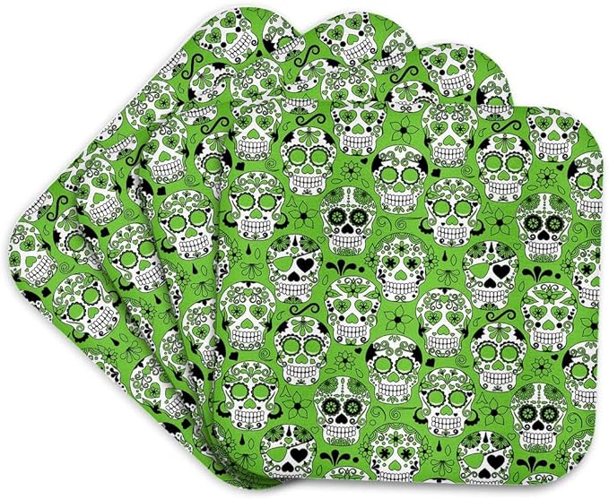 3dRose Green and White Sugar Skulls Pattern Set of 4 Coasters - Cork - sugar skull coasters set