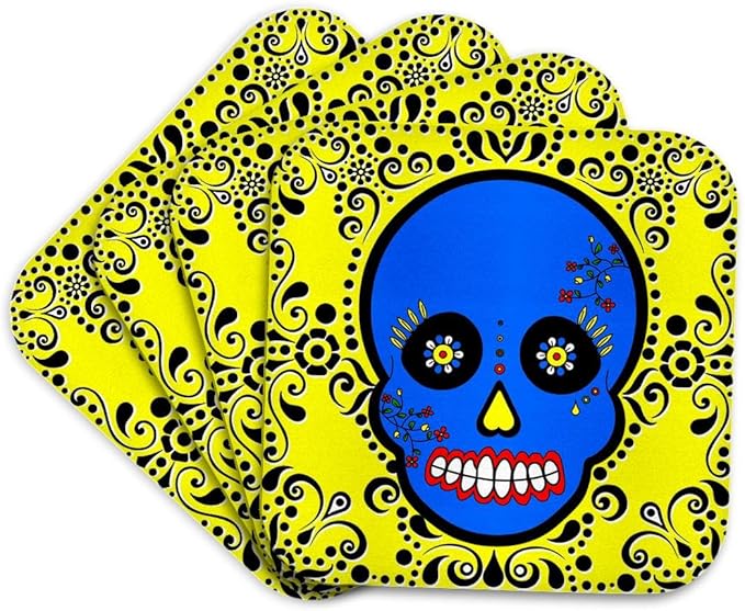 3dRose Day of The Dead Skull Día de Los Muertos Sugar Skull Blue Yellow Black Scroll Design Set of 4 Coasters - Cork - sugar skull coasters set