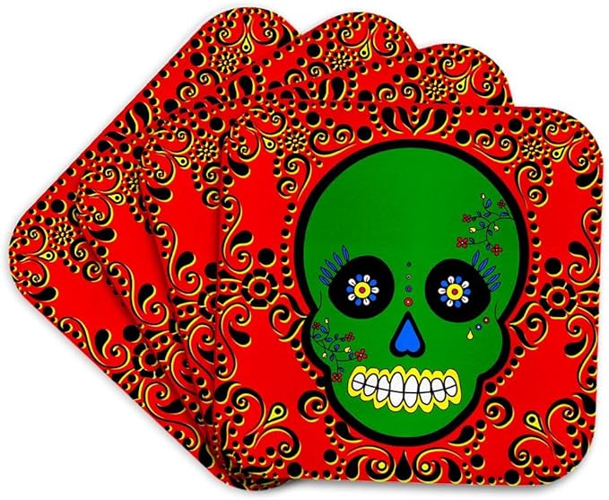 3dRose Day of The Dead Skull Día de Los Muertos Sugar Skull Green Red Black Scroll Design Set of 4 Coasters - Cork - sugar skull coasters set