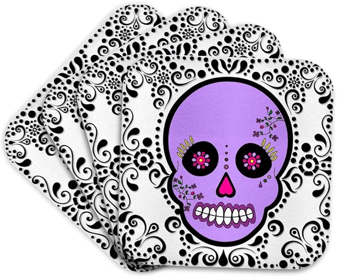 3dRose Day of The Dead Skull Día de Los Muertos Sugar Skull Purple White Black Scroll Design Set of 4 Coasters - Cork - sugar skull coasters set