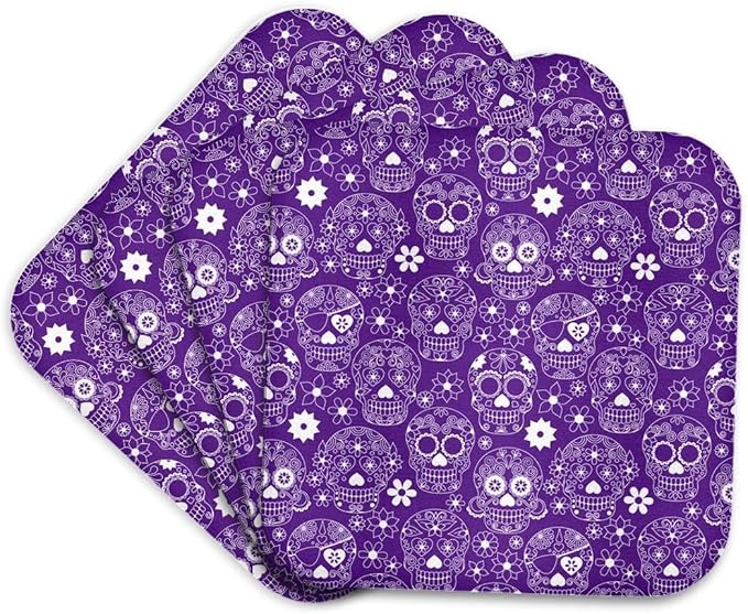 3dRose White Sugar Skulls On A Purple Background Set of 4 Coasters - Cork - sugar skull coasters set