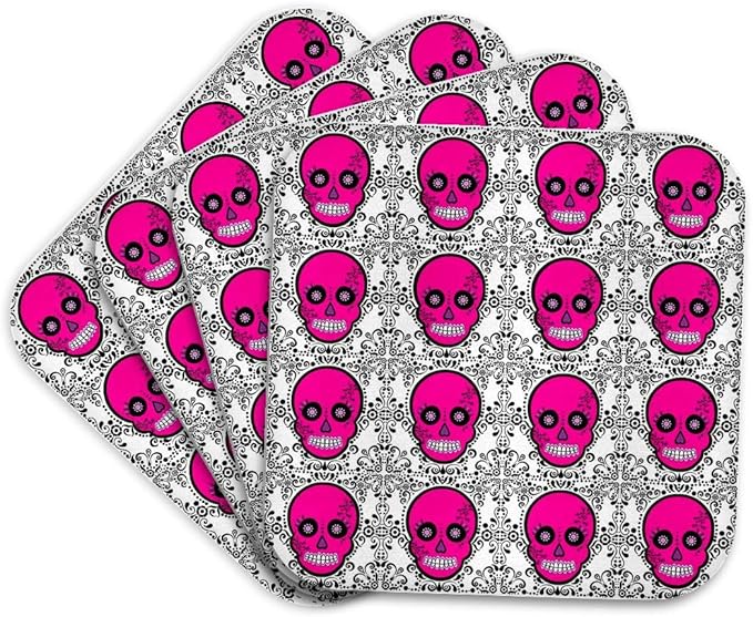 3dRose Day of The Dead Skull Día de Los Muertos Sugar Skull Print Pink Set of 4 Coasters - Cork - sugar skull coasters set