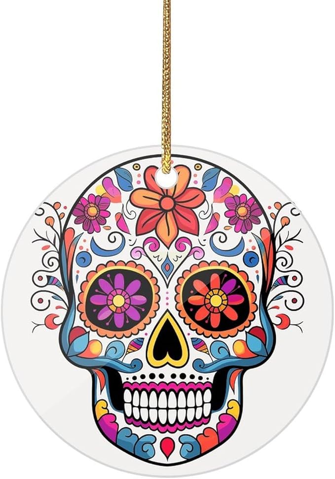 Sugar Skull Christmas Ornament for Christmas Tree Decor Holiday Decorations Xmas Acrylic Pendant Decoration Circular Hanging Decorations for Home Xmas Party Decors - sugar skull christmas decorations