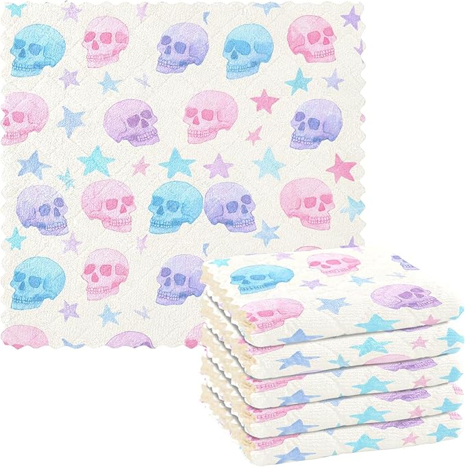 JIPONI 6 Pack Kitchen Dishcloth, Pastel Sugar Skulls Absorbent Kitchen Towels for Dishes, Fast Drying Microfiber Dish Rags, 11x11 inch - sugar skull beach towel